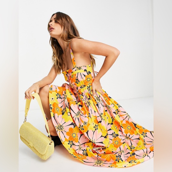 NWT ASOS women sz 4 DESIGN strappy midi skater sundress in bold yellow floral - Picture 3 of 14